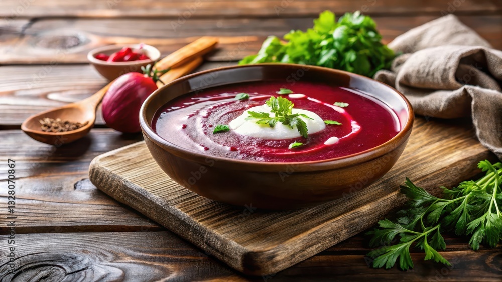 Creamy beetroot soup served in a rustic bowl garnished with fresh herbs and a dollop of sour cream on a wooden table , soup, beets Creamy beetroot soup served in a rustic bowl garnished with fresh herbs and a dollop of sour cream on a wooden table , soup, beets