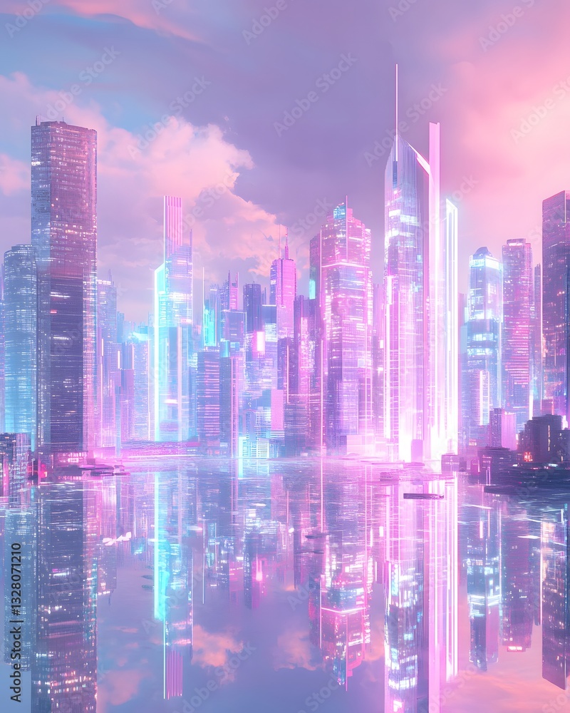 Obraz premium Stunning Futuristic Cityscape with Neon Lights and Reflections