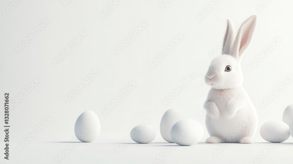 Fototapeta premium A fluffy white rabbit surrounded by white eggs, representing themes of spring and renewal.