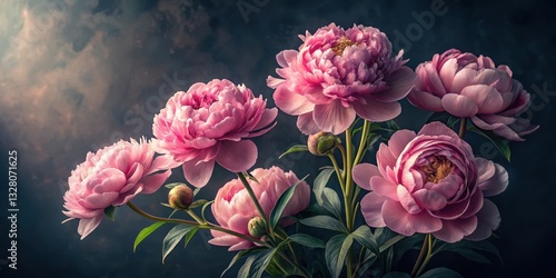 Wallpaper Mural Delicate hyper-realistic pink peonies unfold in full bloom against a mysterious dark background, showcasing intricate details and soft texture , hyper realistic, still life Torontodigital.ca