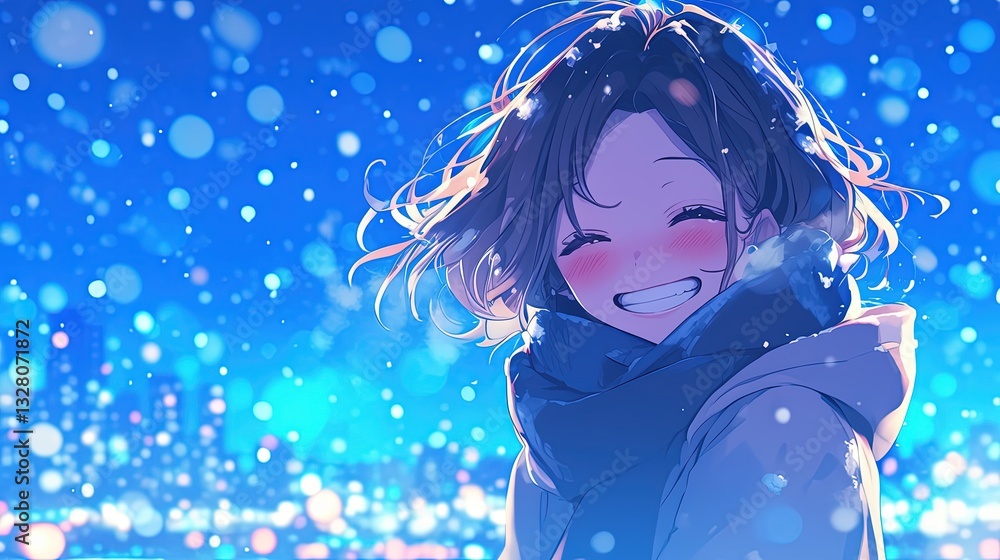 A cute anime girl portrait illustration smiles brightly during a winter snowfall night, perfect for seasonal cards and festive marketing campaigns A cute anime girl portrait illustration smiles brightly during a winter snowfall night, perfect for seasonal cards and festive marketing campaigns