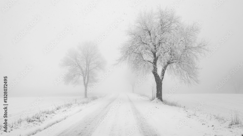 Snowy Landscape with Two Trees and a Road Snowy Landscape with Two Trees and a Road