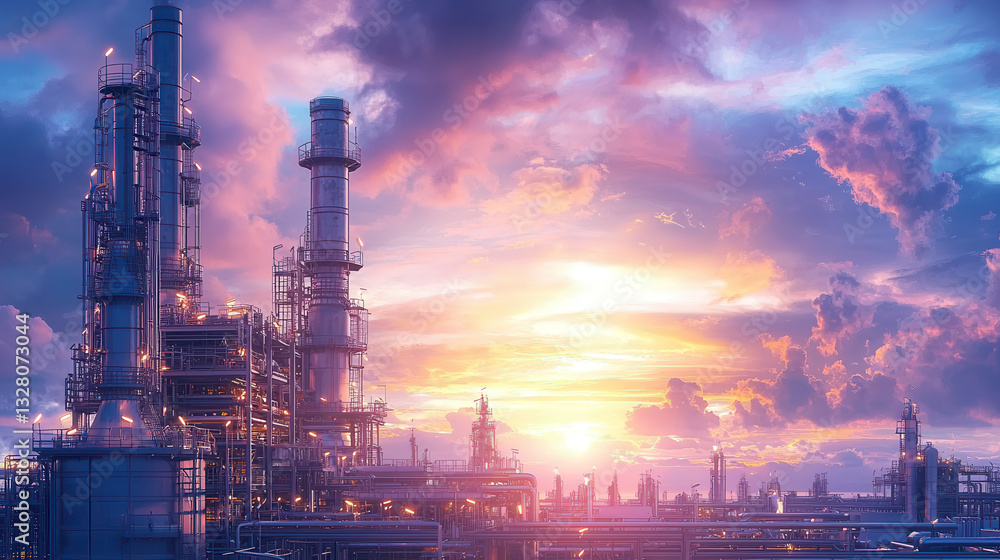 Fototapeta premium modern industrial facility with towering reactors and pipelines, set against vibrant sunset sky, creating dramatic and futuristic atmosphere