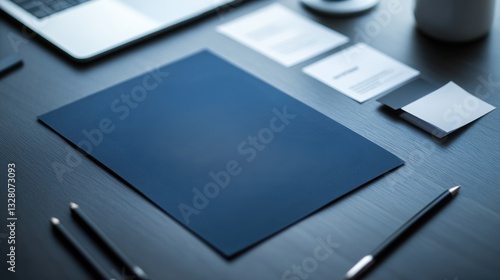 Corporate Branding Mockup: Sleek Dark Blue Paper on Modern Desk