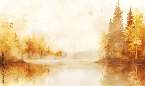 Serene autumn landscape with trees reflecting in a calm lake.