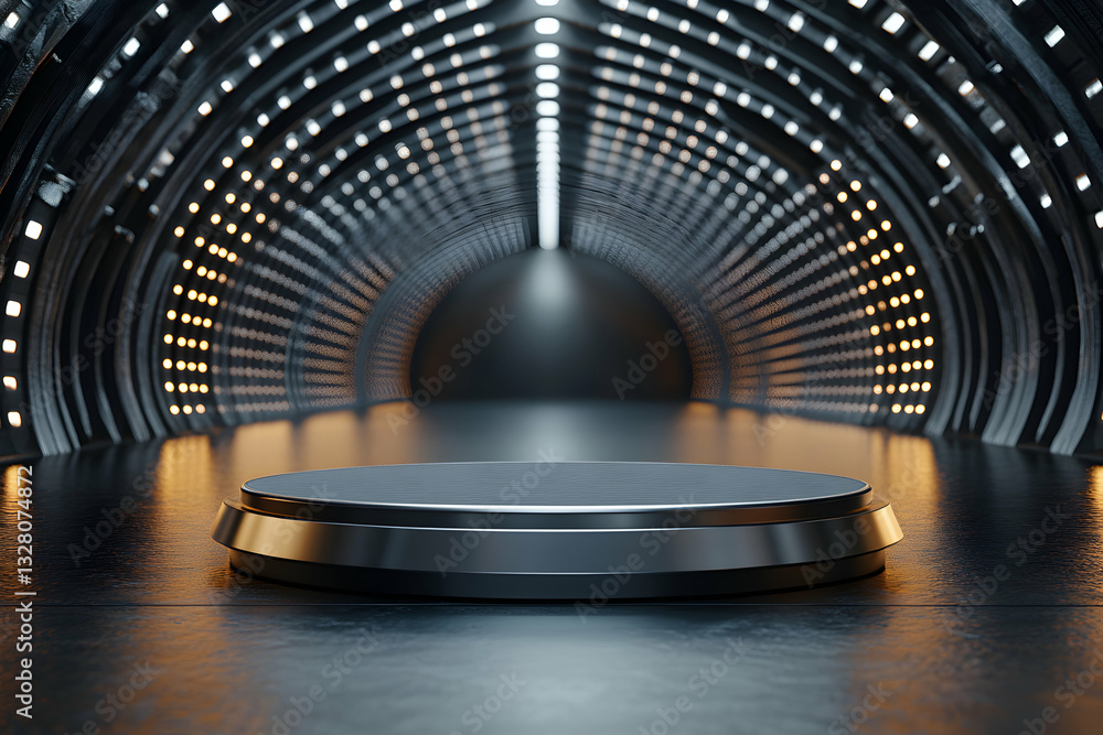 Sleek silver podium illuminated in futuristic tunnel with warm light Sleek silver podium illuminated in futuristic tunnel with warm light