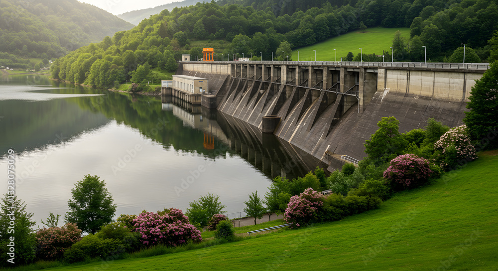 Obraz premium Hydroelectric Dam with Reservoir in a Scenic Green Landscape