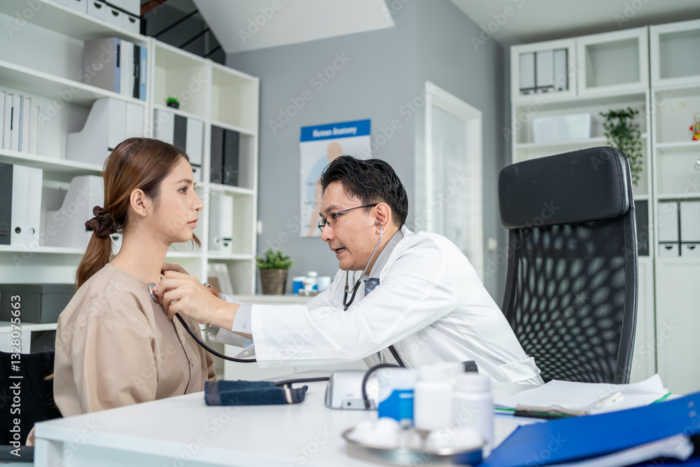 Fototapeta premium Asian cardiologist doctor listen to heartbeat patient woman in hospital. 