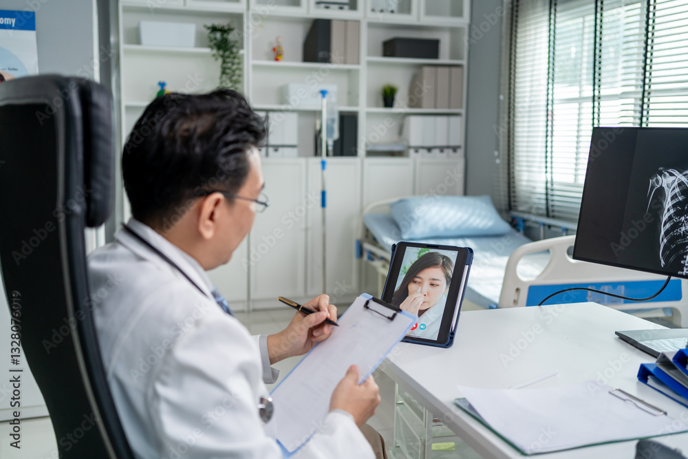 Obraz premium Asian doctor providing telehealth video consultation to online patient. 