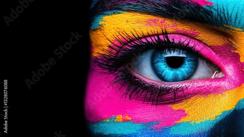 Colorful Eye with Artistic Face Paint Against Black Background