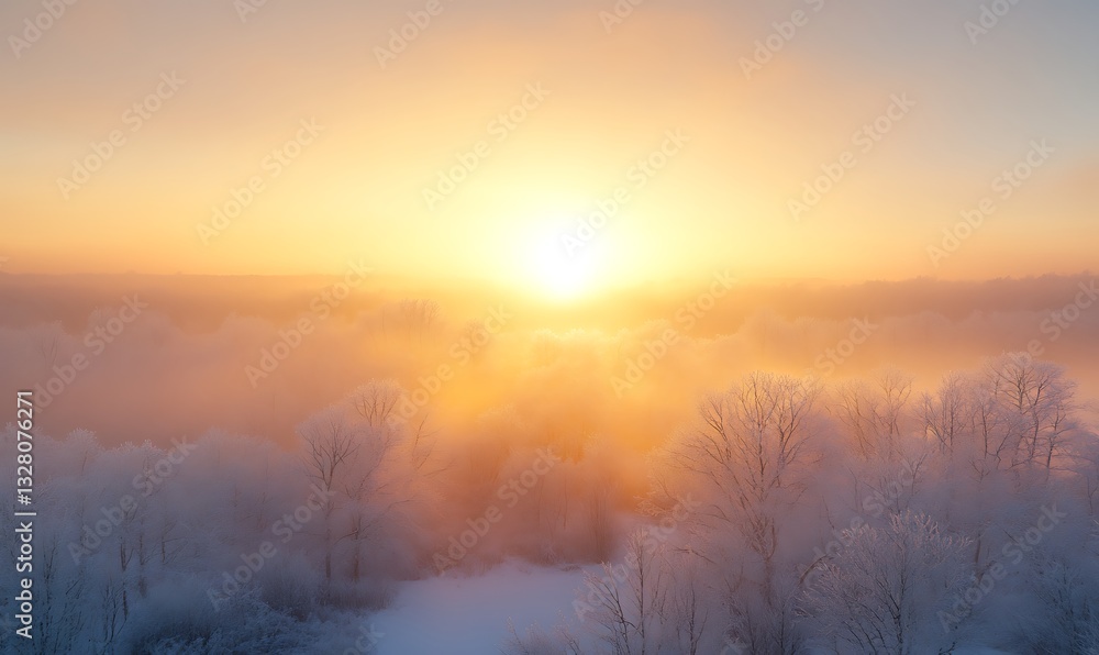 Serene sunrise over frosted trees creating a tranquil winter landscape. Serene sunrise over frosted trees creating a tranquil winter landscape.
