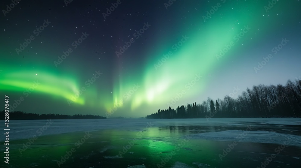 Vibrant auroras illuminate a serene winter landscape over a frozen lake. Vibrant auroras illuminate a serene winter landscape over a frozen lake.