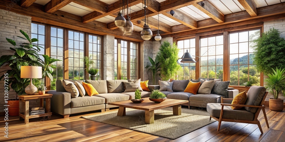 Fototapeta premium Cozy Wooden Living Room with Soft Seating and Large Windows - Urban Exploration Photography of Inviting Interiors