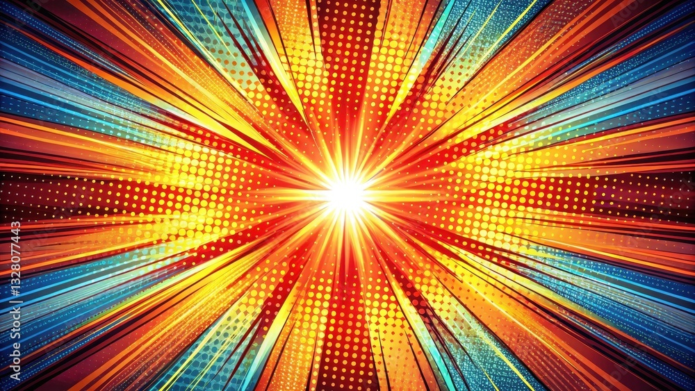 Obraz premium Action-packed superhero comic book background with vibrant halftone dots and blurred speed lines creating a dynamic and energetic atmosphere, action, dynamism