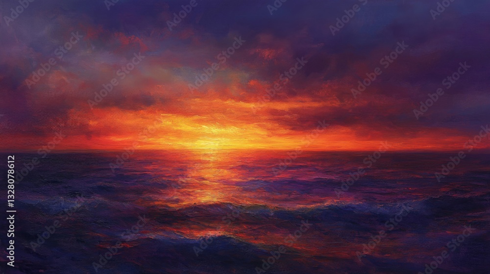 Fototapeta premium Fiery Sunset Over the Ocean: A Dramatic Seascape Painting
