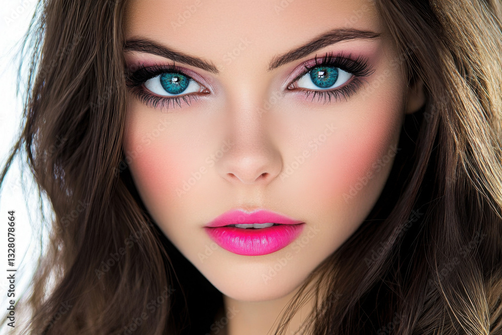 Close-up of a young Caucasian woman's face with striking blue eyes, vibrant pink lips, and expertly applied makeup, creating a dramatic and captivating look. Close-up of a young Caucasian woman's face with striking blue eyes, vibrant pink lips, and expertly applied makeup, creating a dramatic and captivating look.