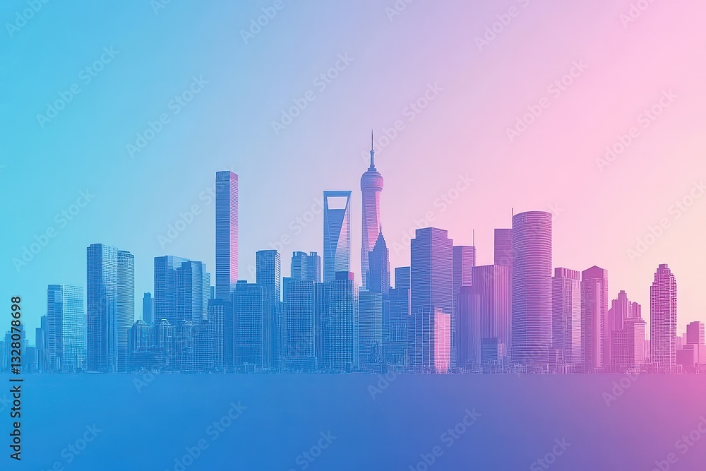 A digitally rendered cityscape with a blue and pink gradient sky A digitally rendered cityscape with a blue and pink gradient sky