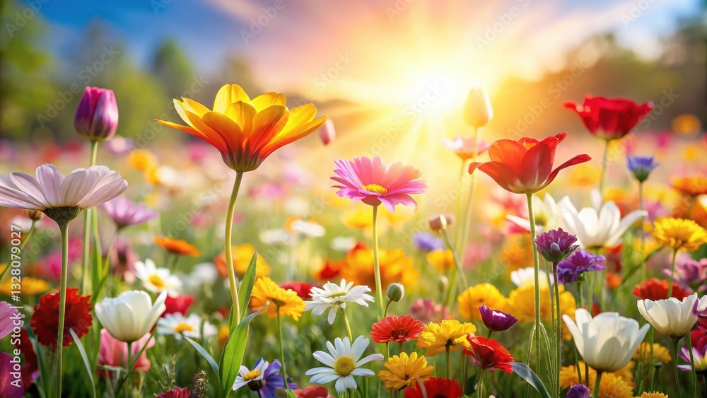 Obraz premium A vibrant field of colorful spring flowers blooming in a warm sunlight with delicate petals and gentle stems against a soft white background, flower field, blooming flowers