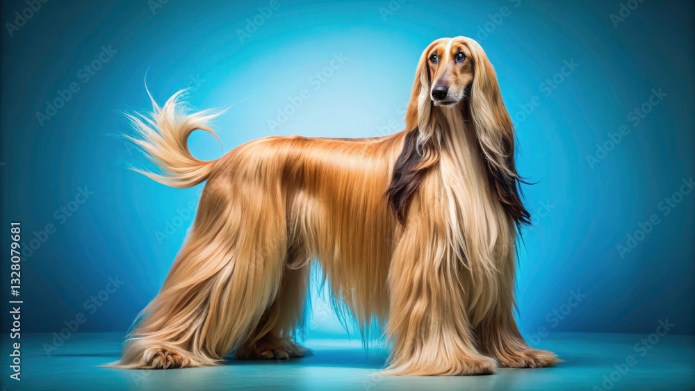 Elegant Afghan Hound on Solid Blue Background - Stunning Panoramic Photography of a Majestic Dog, Perfect for Pet Lovers, Animal Enthusiasts, and Decorative Art Prints Elegant Afghan Hound on Solid Blue Background - Stunning Panoramic Photography of a Majestic Dog, Perfect for Pet Lovers, Animal Enthusiasts, and Decorative Art Prints