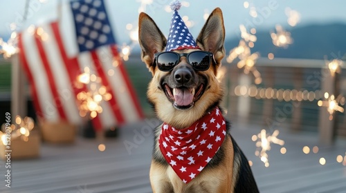 Happy Dog Celebrating Fourth of July with Sunglasses and Party Hat Amidst Sparklers