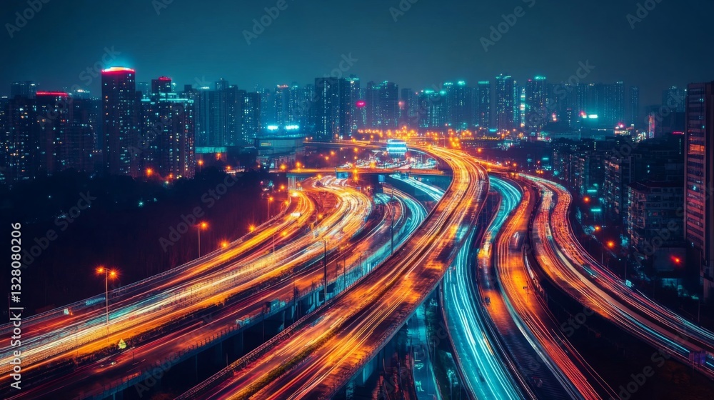 Fototapeta premium Elevated View of City Highway at Night with Colorful Lights