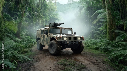 Military Vehicle in Lush Jungle Environment with Heavy Green Foliage and Misty Atmosphere