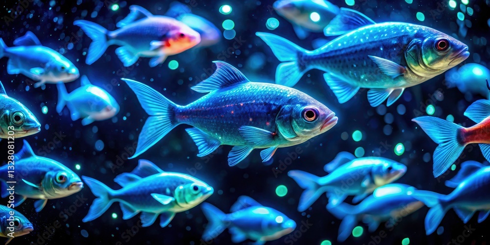 Fototapeta premium Night Underwater Scene: Bioluminescent Fish, Deep Sea, Aquatic Life, Night Photography