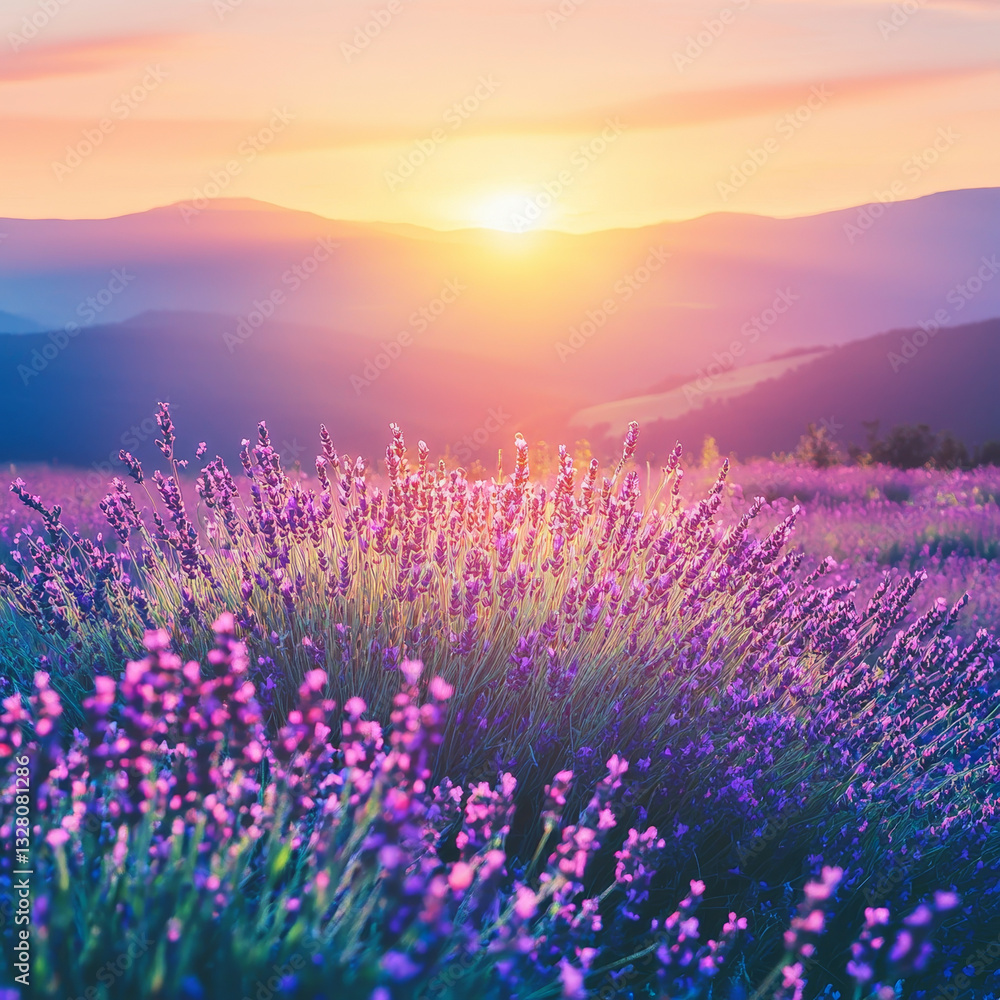 Naklejka premium Sunset Lavender Field: Vibrant purple blooms bathed in golden hour light