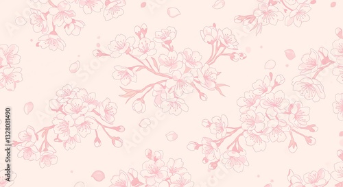 Illustration of Cherry Blossom Branch Pattern - Delicate, Kawaii Style - Background for spring themed designs.
