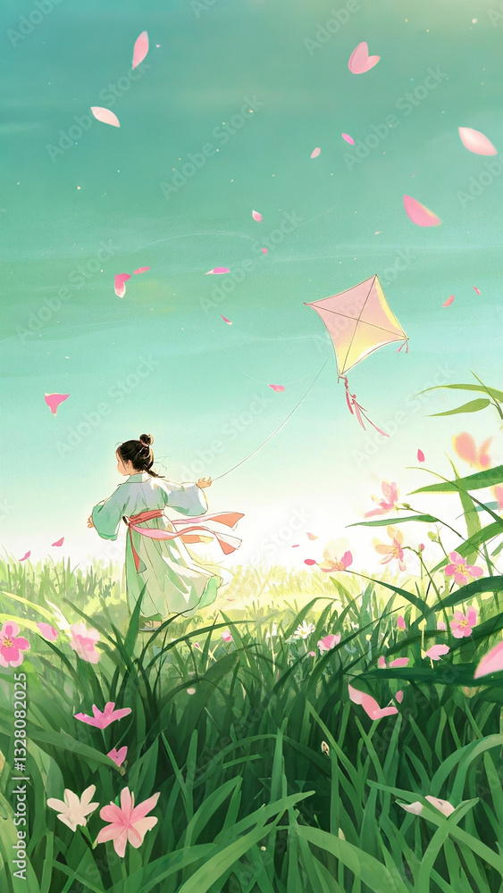 Children flying kites in the field.