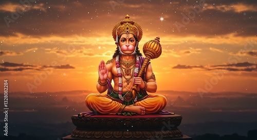 Illustration of Hanuman in lotus pose at sunset - strength and devotion - religious themes.