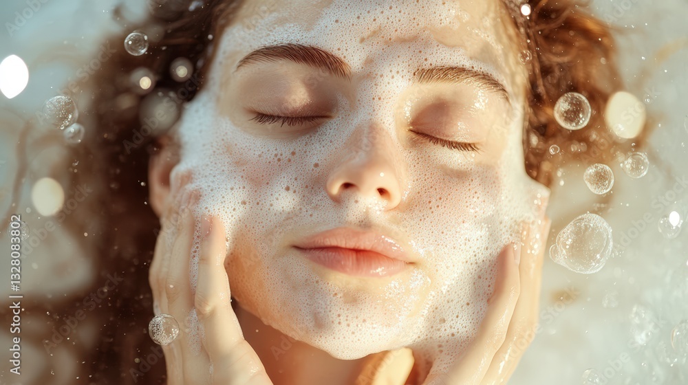 Woman With Eyes Closed In Foamy Water, Close Up Detailing Facial Foam Woman With Eyes Closed In Foamy Water, Close Up Detailing Facial Foam