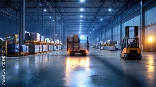 Warehouse Interior with Forklift and Delivery Truck in Bright, Spacious Loading Dock at Night