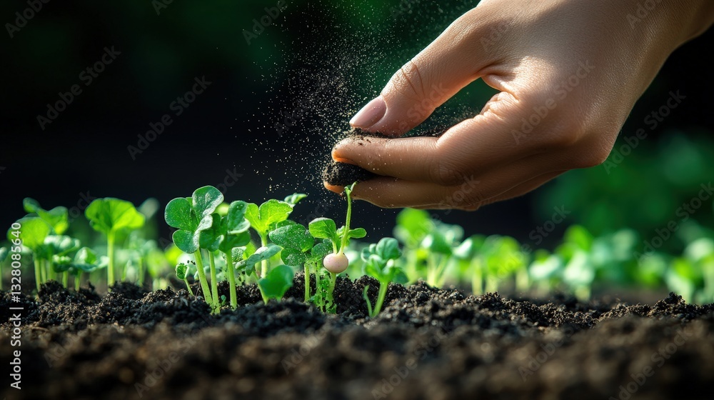 Person's hand delicately sprinkling seed ash into the soil of a garden for healthy plant growth and nurturing Person's hand delicately sprinkling seed ash into the soil of a garden for healthy plant growth and nurturing