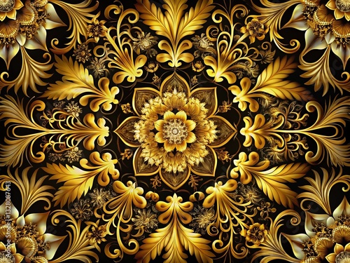 Mesmerizing Golden Black Floral Symmetrical Pattern Stock Photo