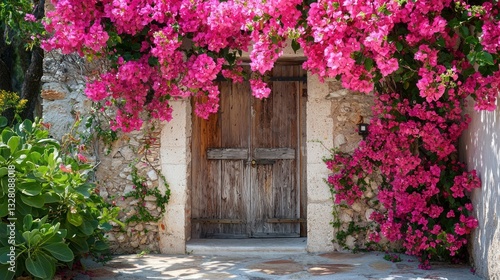 Fototapeta Naklejka Na Ścianę i Meble -  Bougainvillea window, flowers, flower, house, wall, door, architecture, building, garden, home, old, plant, street, greece, exterior, pot, entrance, stone, greek, summer, europe, rural, front, wood