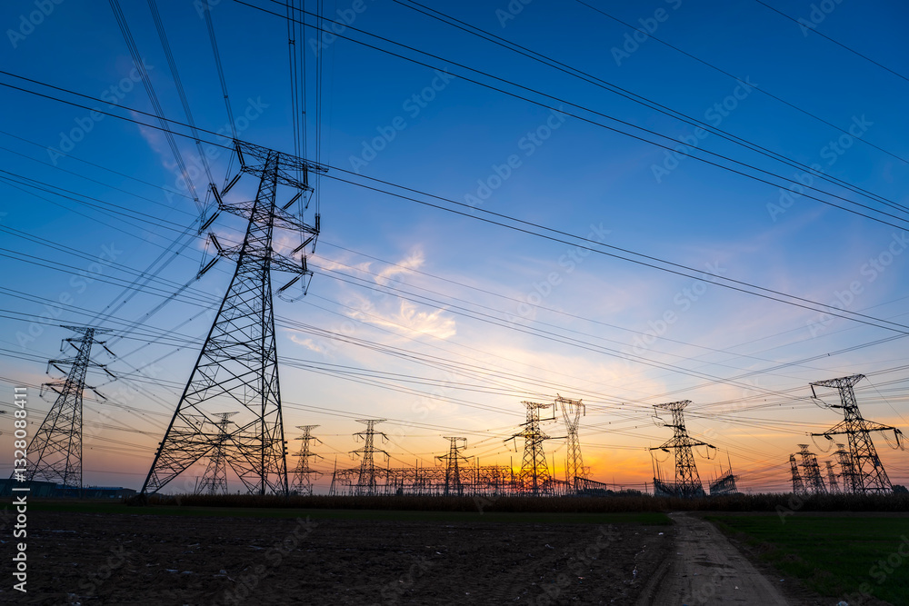 Fototapeta premium The pylons are in the evening, Substation in the evening, High voltage substation and beautiful sunset glow