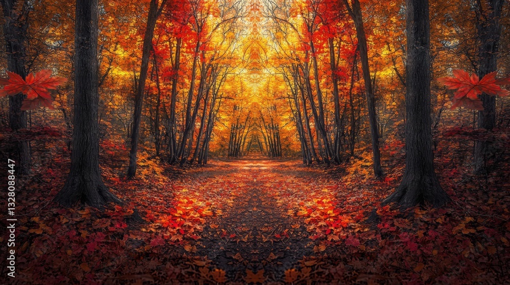 Autumn Forest Path with Red and Gold Leaves Autumn Forest Path with Red and Gold Leaves