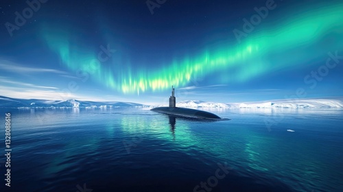 Submarine Silhouette Under Brilliant Aurora Borealis in Arctic Ocean at Night Sky