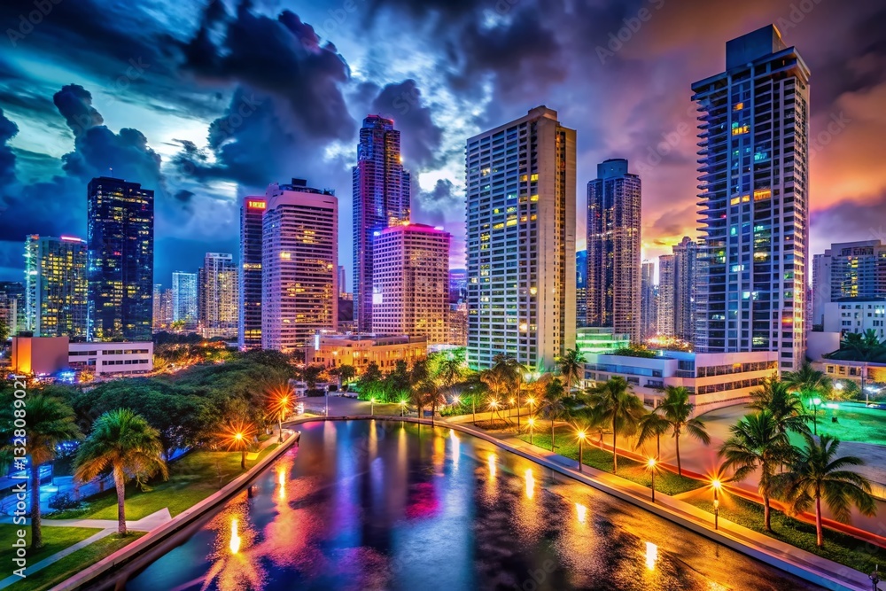 Fototapeta premium Miami Beach Night Skyline: Urban Exploration Photography, South Florida Nightlife