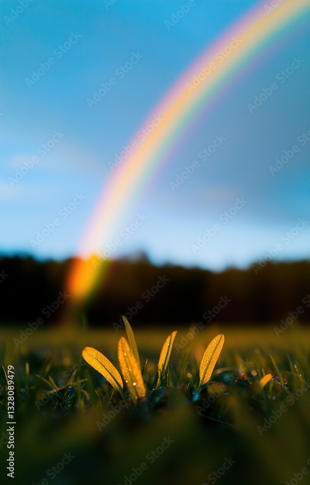 Naklejka premium Behold ethereal marvel of a resplendent rainbow gracefully curving above a verdant meadow, 