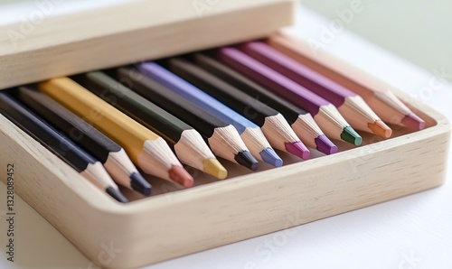 A wooden box containing various colored pencils arranged neatly in rows.