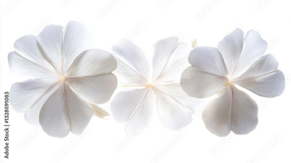 Fototapeta premium Three Delicate White Flowers on White Background