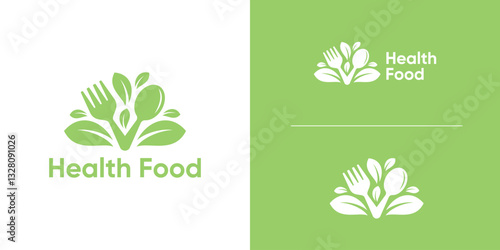 logo design combination of spoon fork and leaves, logo for healthy food, herbal, nature, creative