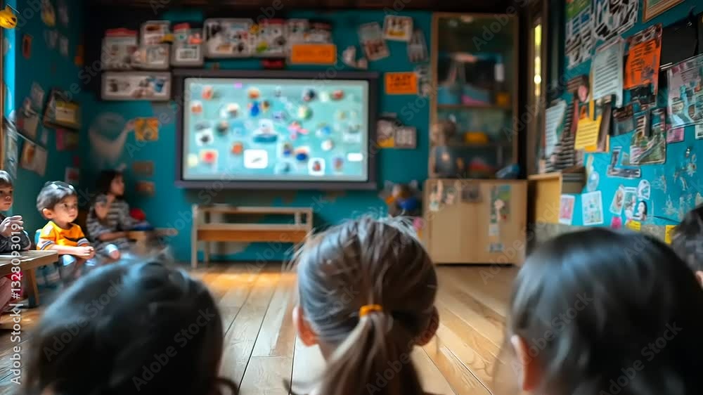 Children watching an engaging presentation on a large screen in a colorful classroom filled with art Children watching an engaging presentation on a large screen in a colorful classroom filled with art