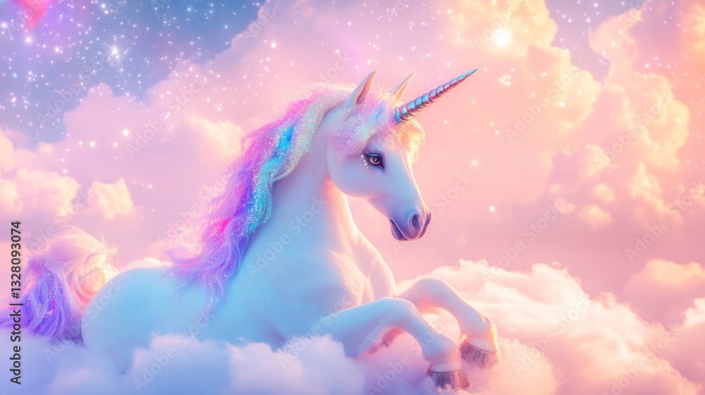 Fototapeta premium Pastel Unicorn Resting on Clouds Under a Starry Sky
