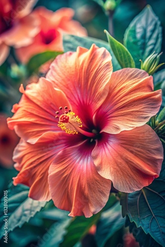 Wallpaper Mural Living coral.  Color Trendy background. Hibiscus large flower , close up, toned.  Torontodigital.ca