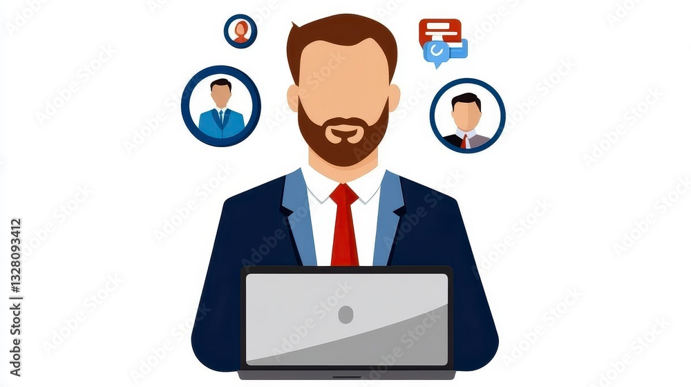 Businessman Working on Laptop with Digital Connections and Icons Businessman Working on Laptop with Digital Connections and Icons