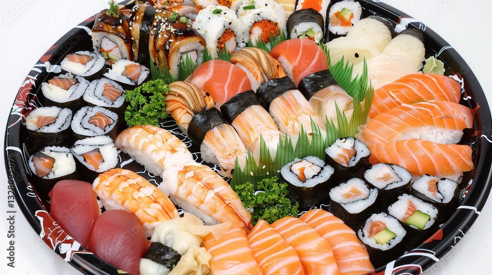 A beautifully arranged plate of sushi is presented. The sushi pieces vary in types, with some being nigiri topped with fresh slices of raw fish like tuna and salmon, and others being maki rolls filled A beautifully arranged plate of sushi is presented. The sushi pieces vary in types, with some being nigiri topped with fresh slices of raw fish like tuna and salmon, and others being maki rolls filled