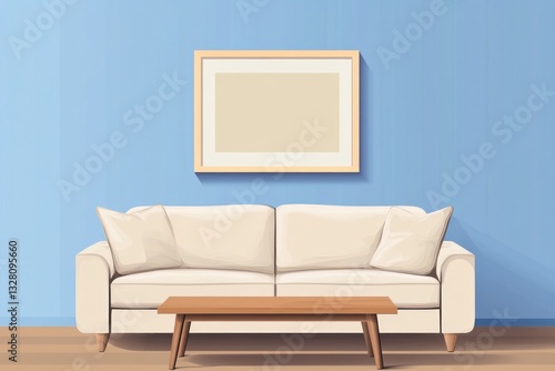 Minimalist living room interior with beige sofa, coffee table, and framed picture on light blue wall.